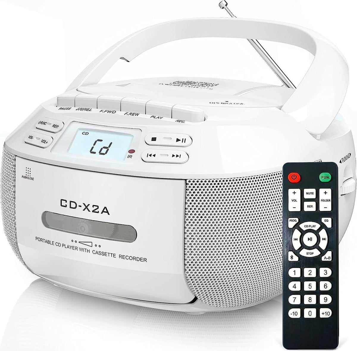Draagbare CD Speler Boombox Cassette Speler - Bluetooth, FM Radio, USB/AUX Afspelen, Stereo Geluid met Afstandsbediening, Tape Opname, AC/DC Voeding - Persoonlijke CD Speler