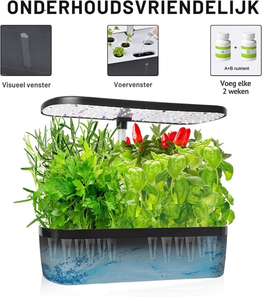 Hydrocultuur Systeem β Kweekset met LED-Belichting β Hydroponics β Indoor Garden β Kweeklamp - Hydroponic Systeem β 139 Groei Lichten - met Timer β Automatisch Pompsysteem β Bloemen/Fruit/Groentes - Zwart