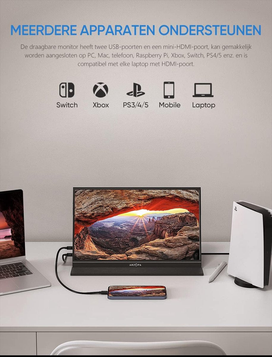 Portable Monitor Flex 15.6" Touchscreen - Full HD Draagbare monitor - Draagbaar scherm met USB-C & HDMI - Plug & Play - Incl. Beschermhoes