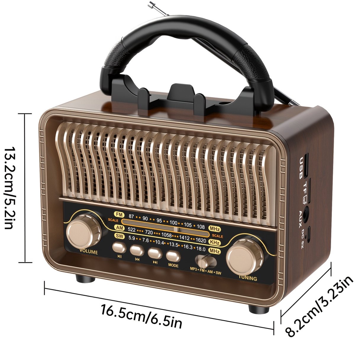 Vintage Draagbare Draadloze Radio - AM/FM/SW Radio Met Bluetooth - Met USB en Oplaadbare Batterij - Antenne, AUX & TF Kaart Afspeelbaarheid - Draadloze Connectiviteit - Geschikt Voor Ouderen - Ideaal voor Thuis & Buitengebruik - Perfect Cadeau