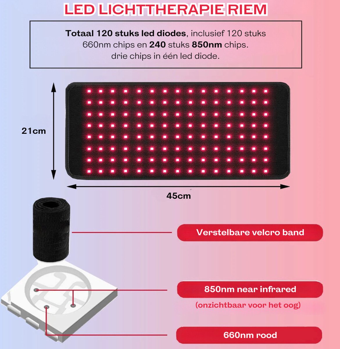 Infraroodband XL - Infraroodlamp - Rood Licht Therapie - Draagbaar - 120 Red Light Leds - Onderrug, Schouders, Benen - Red Light therapy