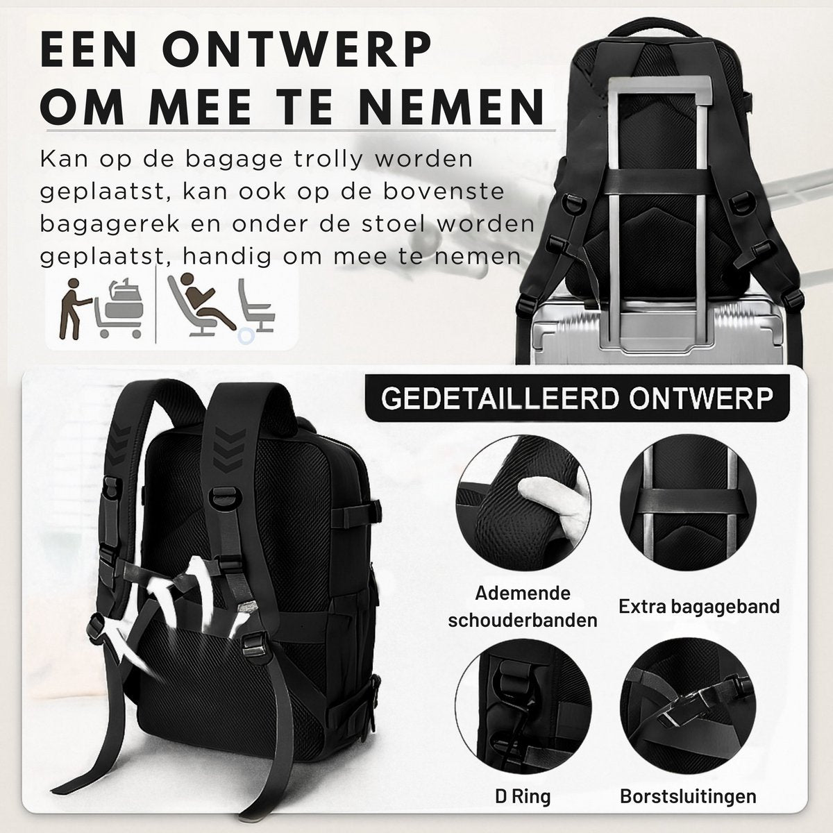 Vacuüm Rugzak - Met Compressie Apparaat - Geschikt voor Handbagage 40x30x20 - Neem Circa 50% Meer Spullen Mee - Kleur: Zwart