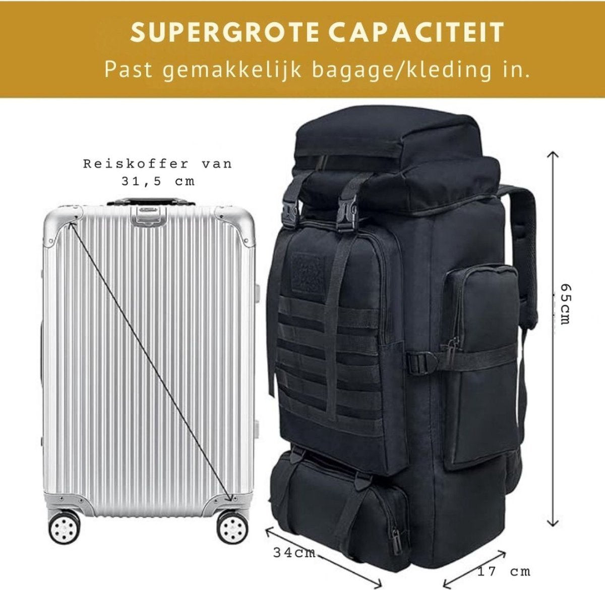 Trekrugzak - Backpack Licht Gewicht - Outdoor - Waterdichte Wandeldrugzak - Trekking Rugzak 80 Liter - Backpack voor Camperen, Klimmer, Skiën en Fietsen - Zwart