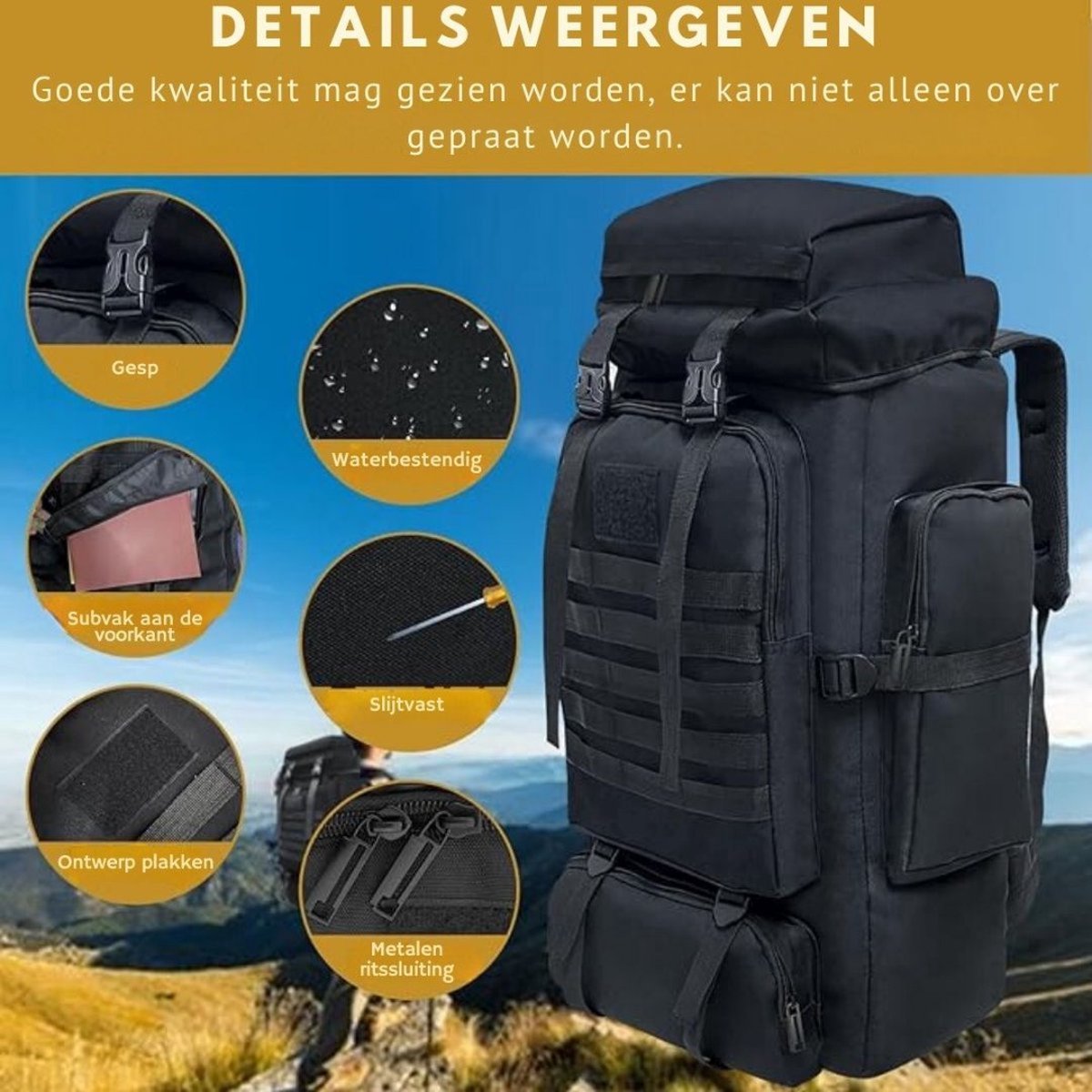 Trekrugzak - Backpack Licht Gewicht - Outdoor - Waterdichte Wandeldrugzak - Trekking Rugzak 80 Liter - Backpack voor Camperen, Klimmer, Skiën en Fietsen - Zwart