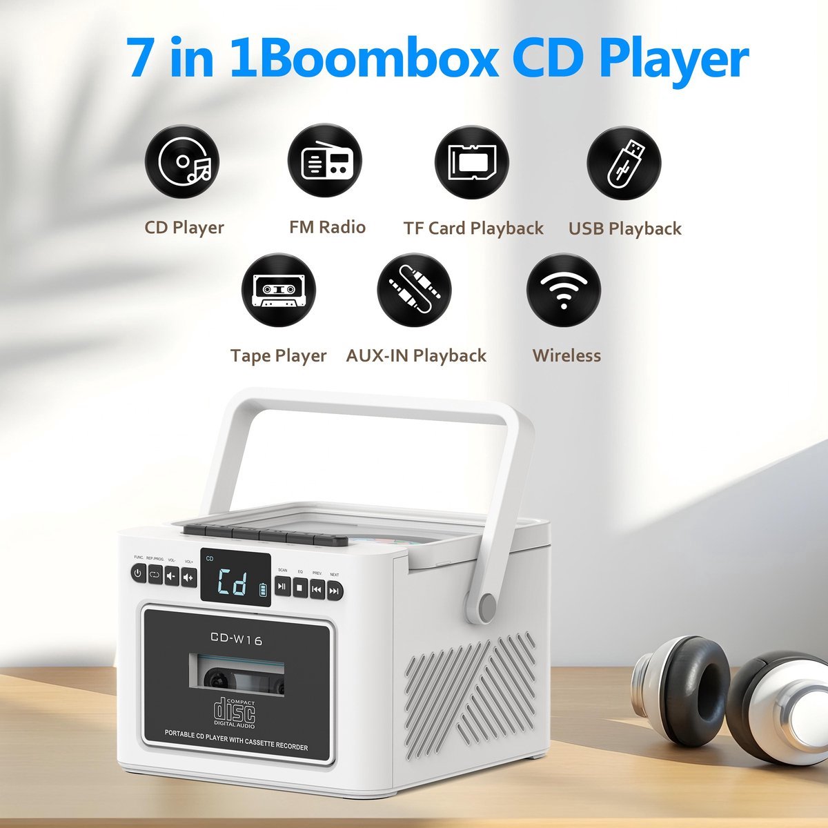 Draagbare CD-Cassette Speler - Retro Stijl - Boombox met 5000mAh Accu - Dubbele Stereo Luidsprekers - FM Radio - Met Afstandsbediening - USB/TF Kaart/AUX - Cassette Recorder - Voor Thuis, Reizen, Buiten, Huisentertainment