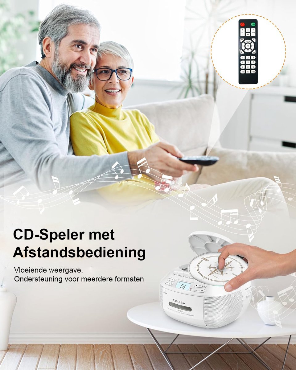 Draagbare CD Speler Boombox Cassette Speler - Bluetooth, FM Radio, USB/AUX Afspelen, Stereo Geluid met Afstandsbediening, Tape Opname, AC/DC Voeding - Persoonlijke CD Speler