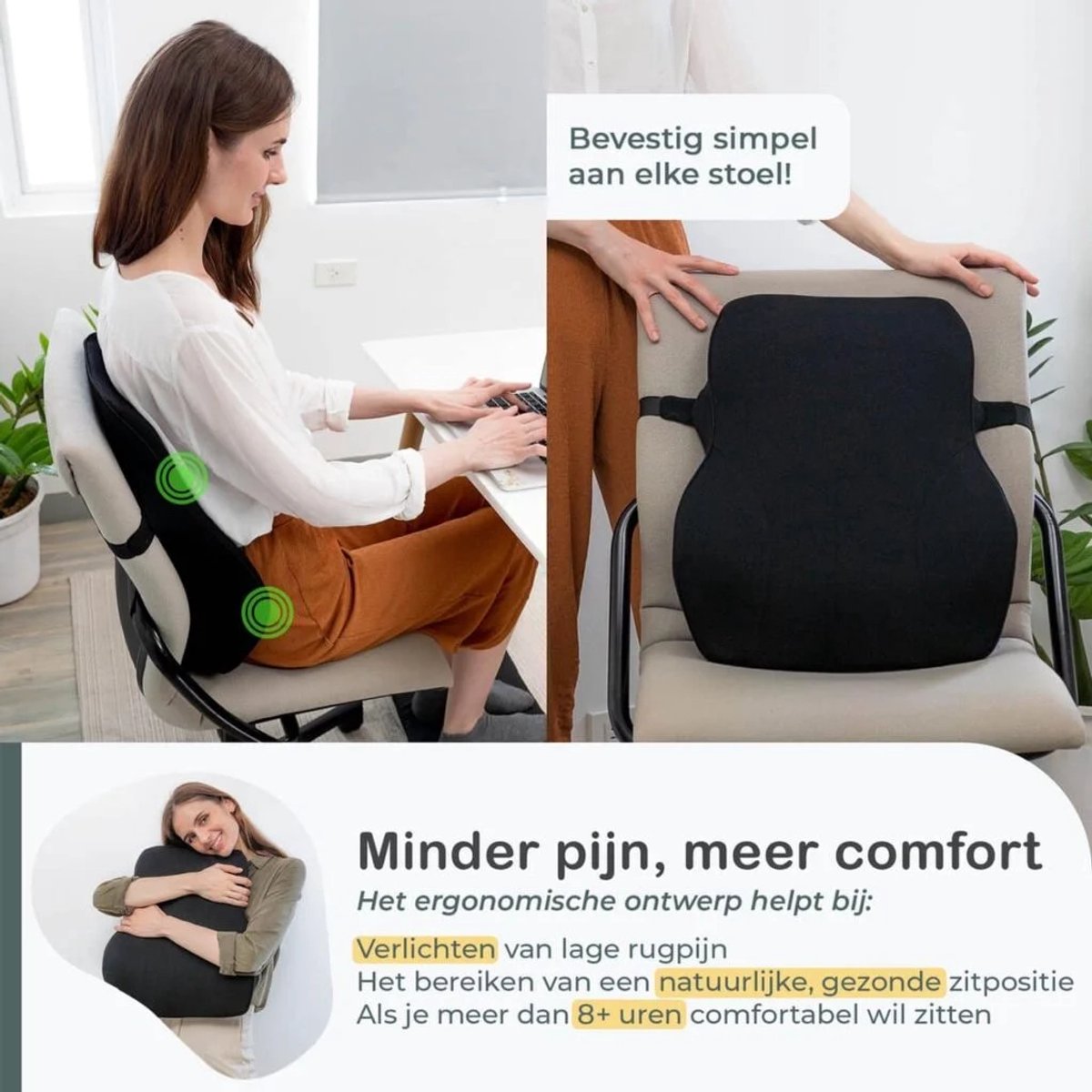 Rugkussen Auto - Inclusief Hoofdkussen - Zitkussen Onderrug - Autokussen - Autostoelkussen - Lendenondersteuning Kussen - Memory Foam Rugkussen - Met Verstelbare Band - Afneembare Hoes - Zwart