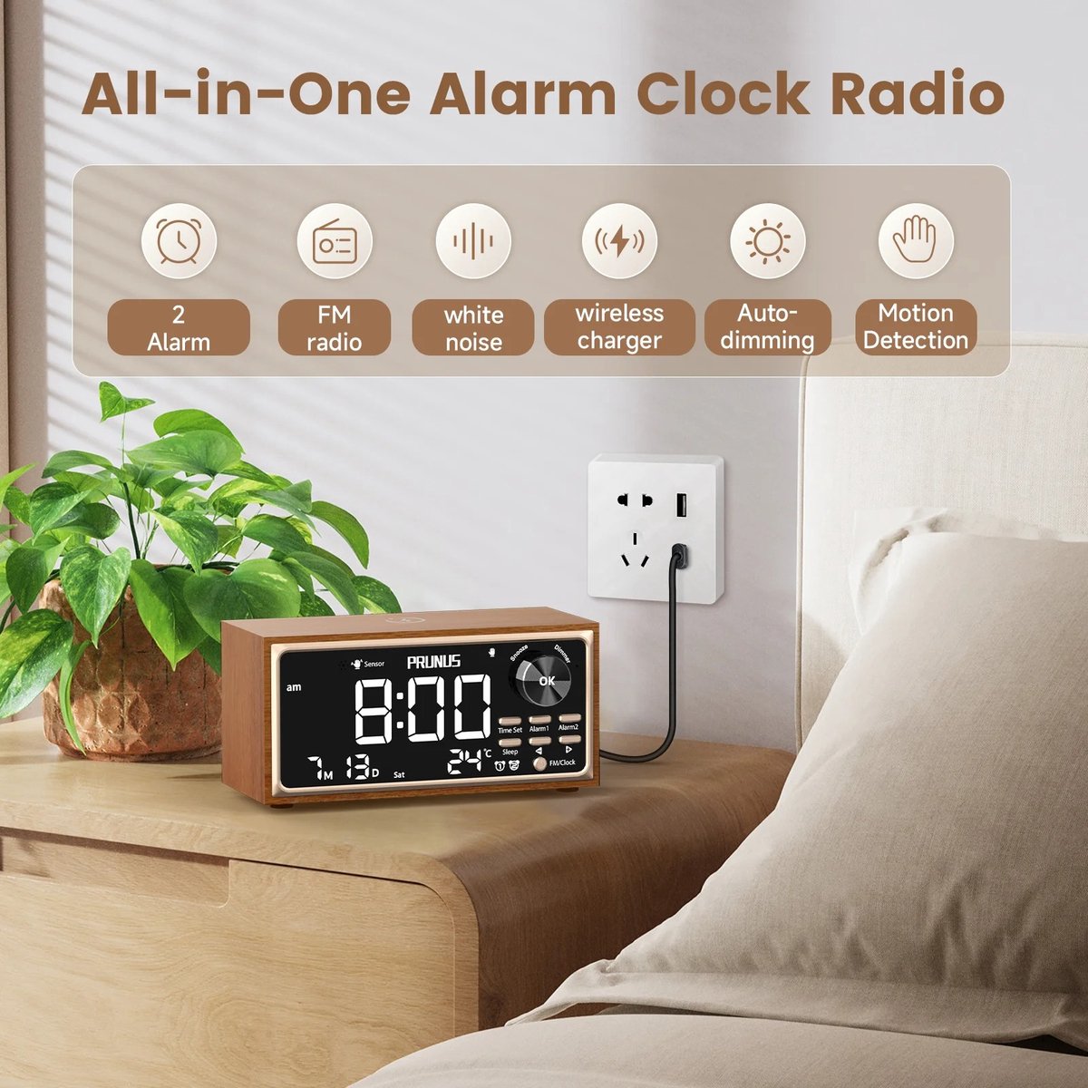 Retro Vintage Dubbele Wekkerradio - FM - 15W Snel Draadloos Opladen - LED-display - Dimmerbediening - Automatisch Dimmen - Retro Klok - Slaapkamer