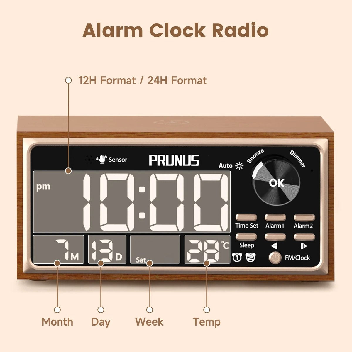 Retro Vintage Dubbele Wekkerradio - FM - 15W Snel Draadloos Opladen - LED-display - Dimmerbediening - Automatisch Dimmen - Retro Klok - Slaapkamer