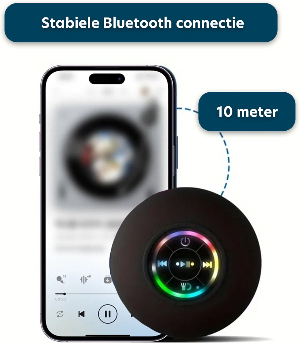Waterdichte Mini Speaker - Bluetooth Douche Speaker - Waterdichte LED Luidspreker Voor De Douche - Draadloze Mini Speaker - Handsfree Bellen - Douchespeaker - Met Zuignap - Zwart