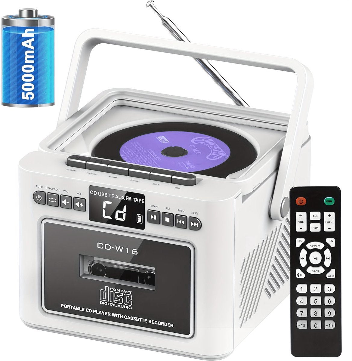 Draagbare CD-Cassette Speler - Retro Stijl - Boombox met 5000mAh Accu - Dubbele Stereo Luidsprekers - FM Radio - Met Afstandsbediening - USB/TF Kaart/AUX - Cassette Recorder - Voor Thuis, Reizen, Buiten, Huisentertainment