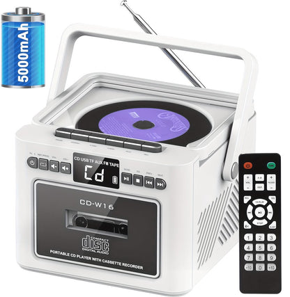Draagbare CD-Cassette Speler - Retro Stijl - Boombox met 5000mAh Accu - Dubbele Stereo Luidsprekers - FM Radio - Met Afstandsbediening - USB/TF Kaart/AUX - Cassette Recorder - Voor Thuis, Reizen, Buiten, Huisentertainment