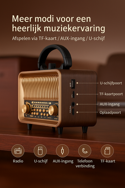 Vintage Draagbare Draadloze Radio - AM/FM/SW Radio Met Bluetooth - Met USB en Oplaadbare Batterij - Antenne, AUX & TF Kaart Afspeelbaarheid - Draadloze Connectiviteit - Geschikt Voor Ouderen - Ideaal voor Thuis & Buitengebruik - Perfect Cadeau