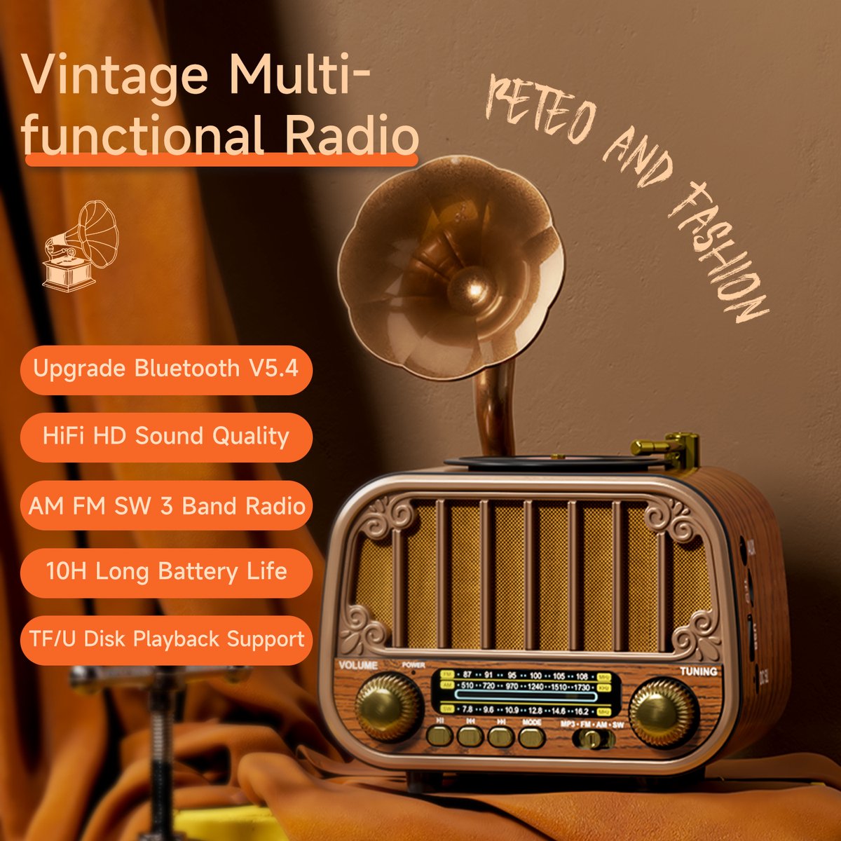 Vintage Draagbare Draadloze Radio - AM/FM/SW Radio Met Bluetooth - Met USB en Oplaadbare Batterij - Antenne, AUX & TF Kaart Afspeelbaarheid - Draadloze Connectiviteit - Geschikt Voor Ouderen - Ideaal voor Thuis & Buitengebruik - Perfect Cadeau
