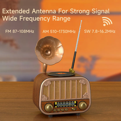 Vintage Draagbare Draadloze Radio - AM/FM/SW Radio Met Bluetooth - Met USB en Oplaadbare Batterij - Antenne, AUX & TF Kaart Afspeelbaarheid - Draadloze Connectiviteit - Geschikt Voor Ouderen - Ideaal voor Thuis & Buitengebruik - Perfect Cadeau
