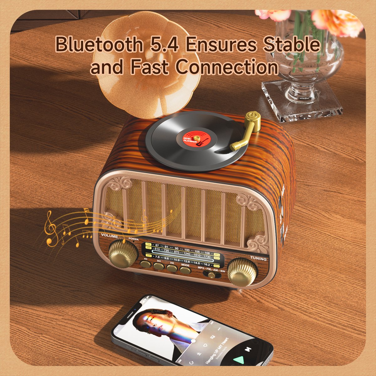 Vintage Draagbare Draadloze Radio - AM/FM/SW Radio Met Bluetooth - Met USB en Oplaadbare Batterij - Antenne, AUX & TF Kaart Afspeelbaarheid - Draadloze Connectiviteit - Geschikt Voor Ouderen - Ideaal voor Thuis & Buitengebruik - Perfect Cadeau