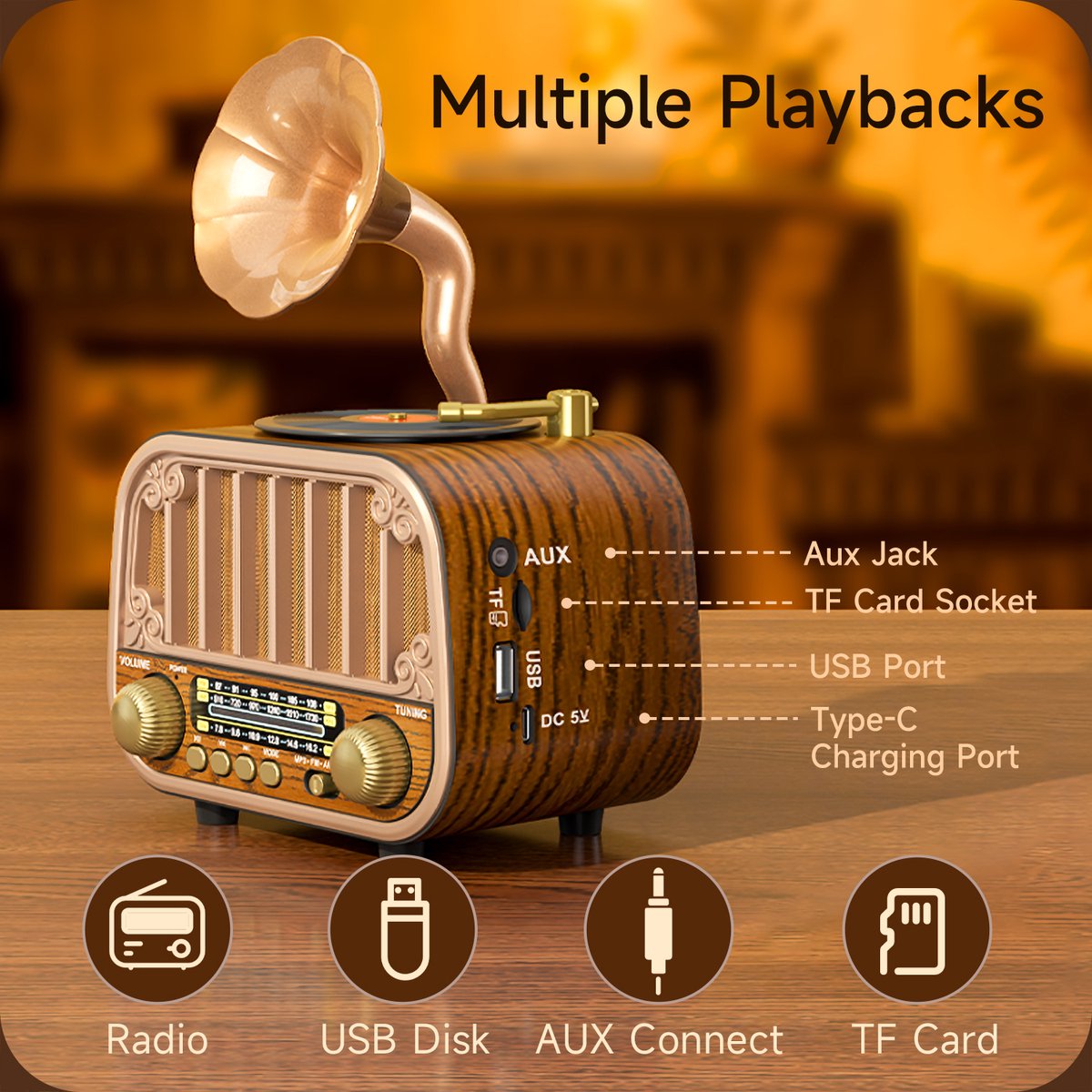 Vintage Draagbare Draadloze Radio - AM/FM/SW Radio Met Bluetooth - Met USB en Oplaadbare Batterij - Antenne, AUX & TF Kaart Afspeelbaarheid - Draadloze Connectiviteit - Geschikt Voor Ouderen - Ideaal voor Thuis & Buitengebruik - Perfect Cadeau