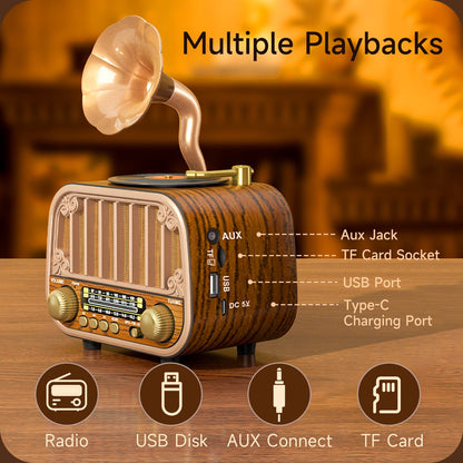Vintage Draagbare Draadloze Radio - AM/FM/SW Radio Met Bluetooth - Met USB en Oplaadbare Batterij - Antenne, AUX & TF Kaart Afspeelbaarheid - Draadloze Connectiviteit - Geschikt Voor Ouderen - Ideaal voor Thuis & Buitengebruik - Perfect Cadeau