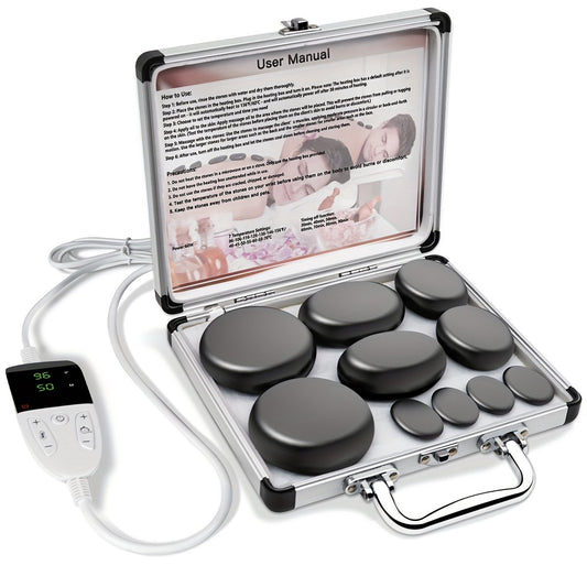 Sensly Hot Stone Massaage Set - Warmtestenen - Met Verstelbare Warmte - 10 stuks - Professionele Massage Set - Met Koffer - Basaltstenen - Lymfedrainage - Verlichting Van Spanning en Spierpijn