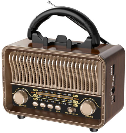 Vintage Draagbare Draadloze Radio - AM/FM/SW Radio Met Bluetooth - Met USB en Oplaadbare Batterij - Antenne, AUX & TF Kaart Afspeelbaarheid - Draadloze Connectiviteit - Geschikt Voor Ouderen - Ideaal voor Thuis & Buitengebruik - Perfect Cadeau