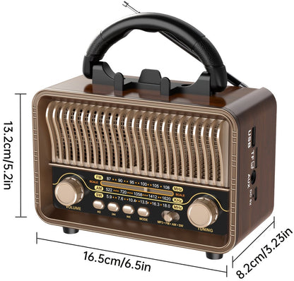 Vintage Draagbare Draadloze Radio - AM/FM/SW Radio Met Bluetooth - Met USB en Oplaadbare Batterij - Antenne, AUX & TF Kaart Afspeelbaarheid - Draadloze Connectiviteit - Geschikt Voor Ouderen - Ideaal voor Thuis & Buitengebruik - Perfect Cadeau