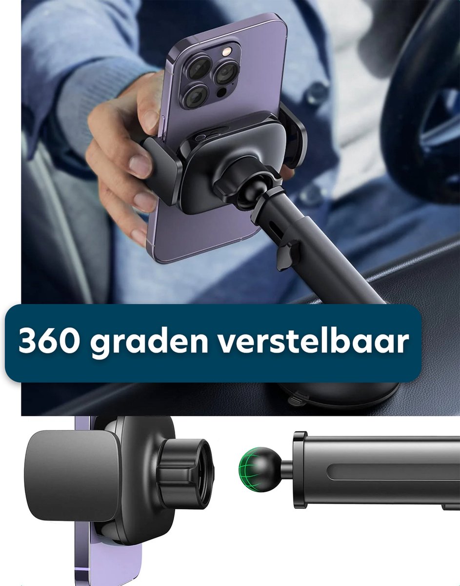 Telefoonhouder Voor Auto - Telefoonhouder Auto Met Zuignap - Dashbord - Voorruit - GSM Houder Telefoon - 360 Graden Draaibaar - Zwart