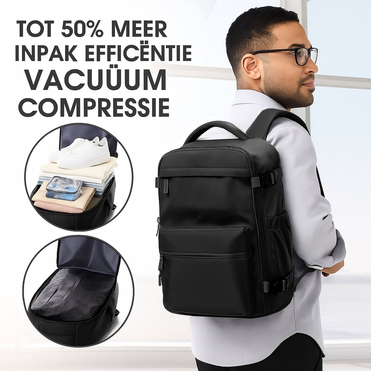 Vacuüm Rugzak - Met Compressie Apparaat - Geschikt voor Handbagage 40x30x20 - Neem Circa 50% Meer Spullen Mee - Kleur: Zwart