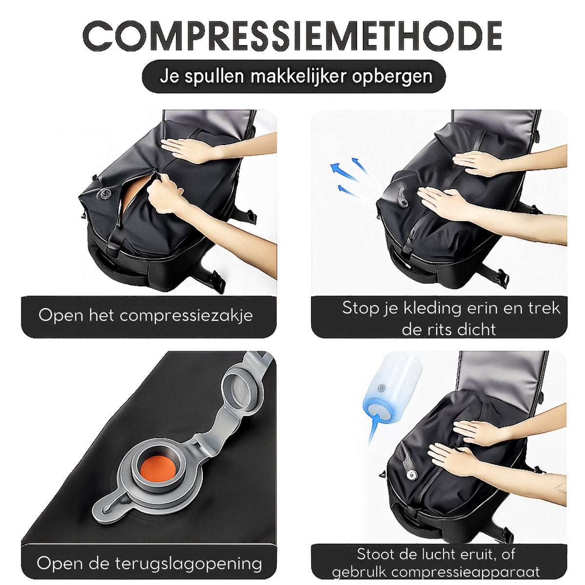 Vacuüm Rugzak - Met Compressie Apparaat - Geschikt voor Handbagage 40x30x20 - Neem Circa 50% Meer Spullen Mee - Kleur: Zwart