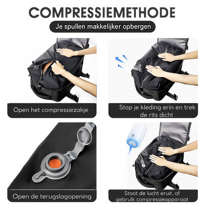 Vacuüm Rugzak - Met Compressie Apparaat - Geschikt voor Handbagage 40x30x20 - Neem Circa 50% Meer Spullen Mee - Kleur: Zwart
