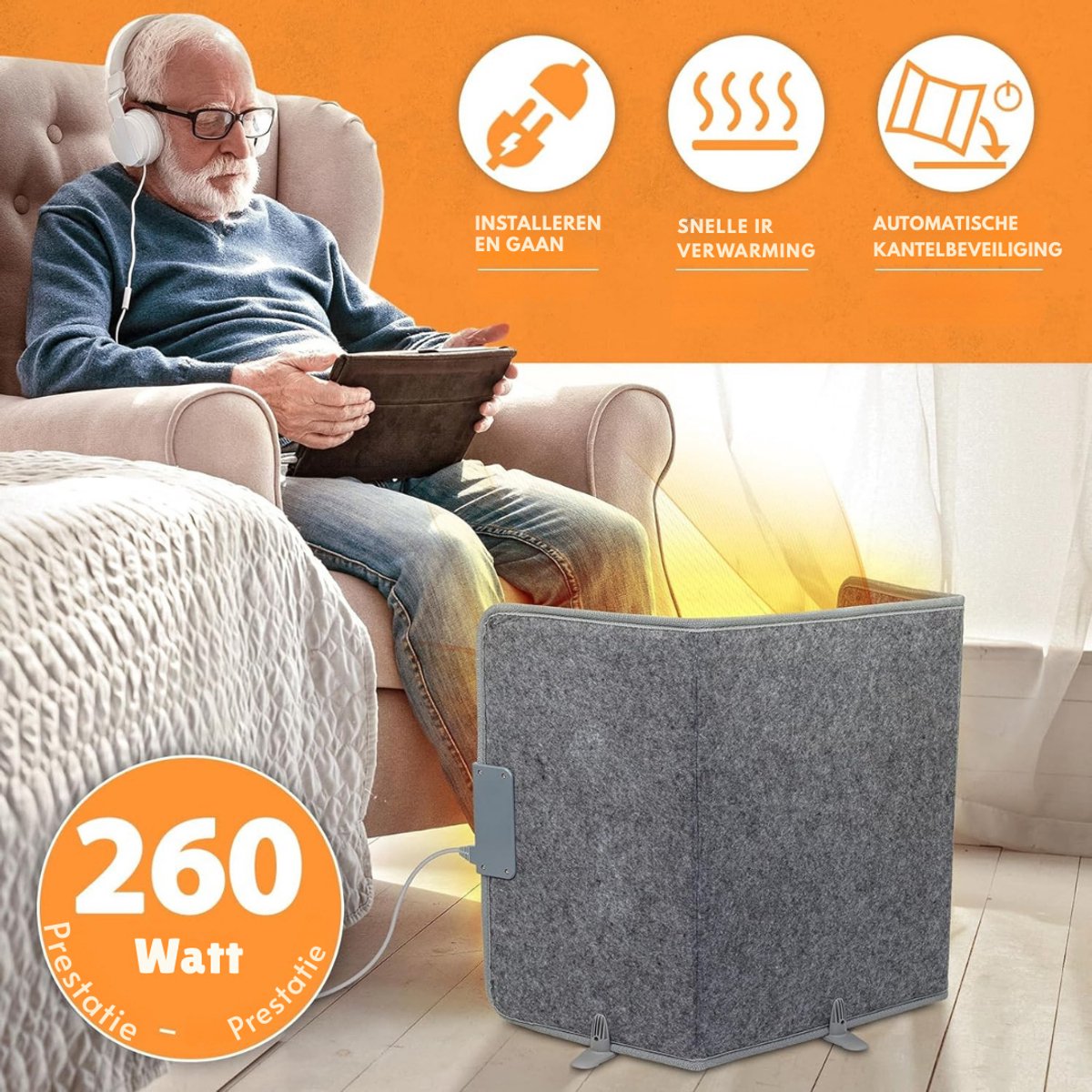 Infrarood Verwarmingspaneel - Bureau Verwarming – Verwarmingspaneel - Elektrische Kachel – Mobiele Infraroodverwamer – Heater – Kachel – 260W – Opvouwbaar - Grijs