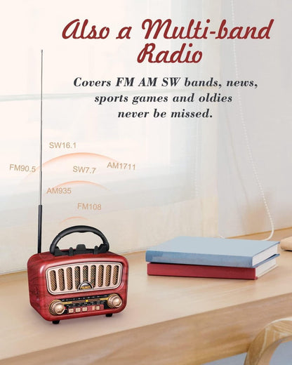 Vintage Draagbare AM/FM/SW Bluetooth Radio met 1800 mAh Batterij - Compacte Mini Radio met USB/TF/AUX Functie