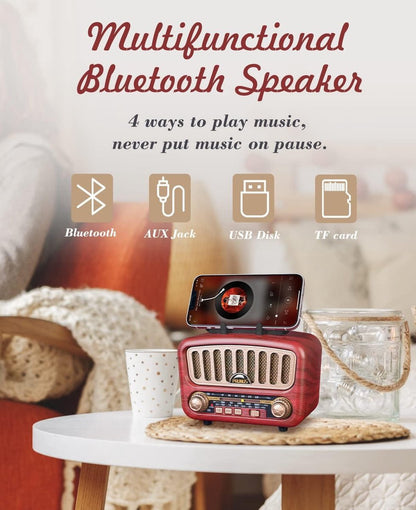 Vintage Draagbare AM/FM/SW Bluetooth Radio met 1800 mAh Batterij - Compacte Mini Radio met USB/TF/AUX Functie