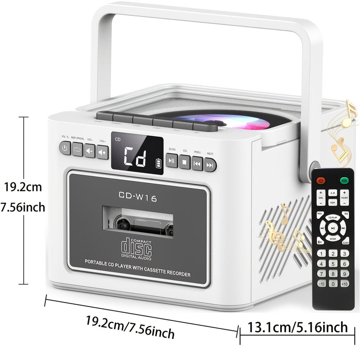 Draagbare CD-Cassette Speler - Retro Stijl - Boombox met 5000mAh Accu - Dubbele Stereo Luidsprekers - FM Radio - Met Afstandsbediening - USB/TF Kaart/AUX - Cassette Recorder - Voor Thuis, Reizen, Buiten, Huisentertainment