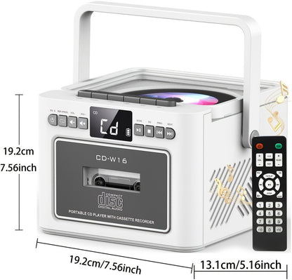 Draagbare CD-Cassette Speler - Retro Stijl - Boombox met 5000mAh Accu - Dubbele Stereo Luidsprekers - FM Radio - Met Afstandsbediening - USB/TF Kaart/AUX - Cassette Recorder - Voor Thuis, Reizen, Buiten, Huisentertainment