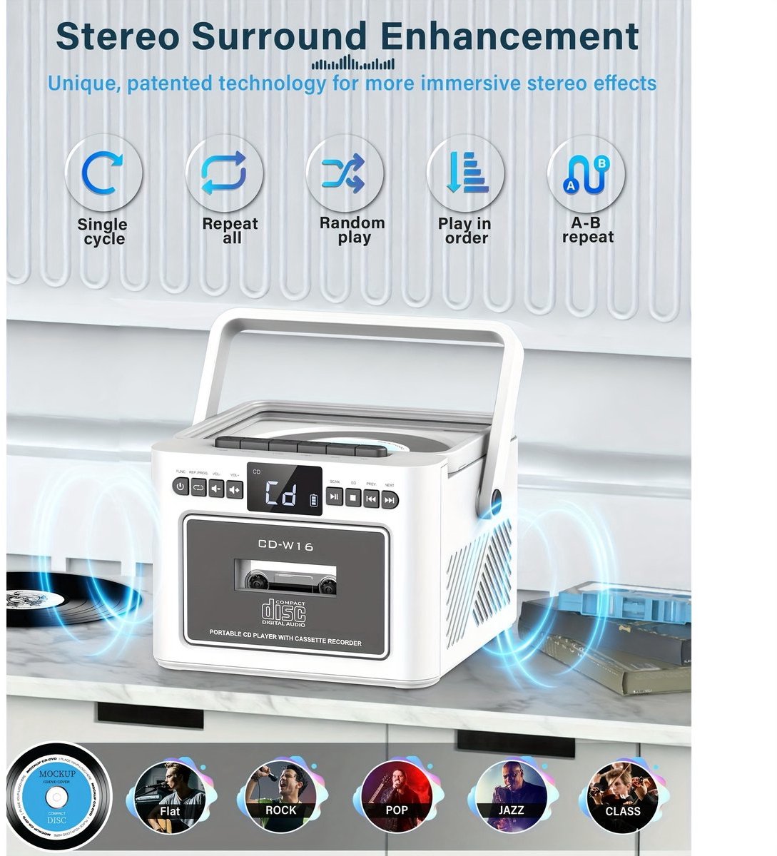 Draagbare CD-Cassette Speler - Retro Stijl - Boombox met 5000mAh Accu - Dubbele Stereo Luidsprekers - FM Radio - Met Afstandsbediening - USB/TF Kaart/AUX - Cassette Recorder - Voor Thuis, Reizen, Buiten, Huisentertainment