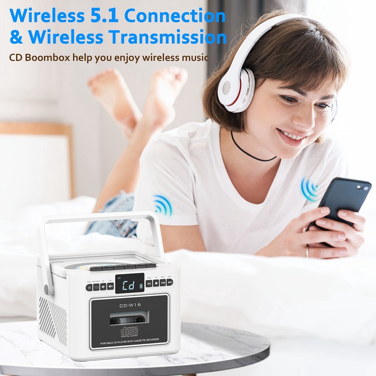 Draagbare CD-Cassette Speler - Retro Stijl - Boombox met 5000mAh Accu - Dubbele Stereo Luidsprekers - FM Radio - Met Afstandsbediening - USB/TF Kaart/AUX - Cassette Recorder - Voor Thuis, Reizen, Buiten, Huisentertainment