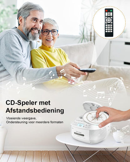 Draagbare CD Speler Boombox Cassette Speler - Bluetooth, FM Radio, USB/AUX Afspelen, Stereo Geluid met Afstandsbediening, Tape Opname, AC/DC Voeding - Persoonlijke CD Speler