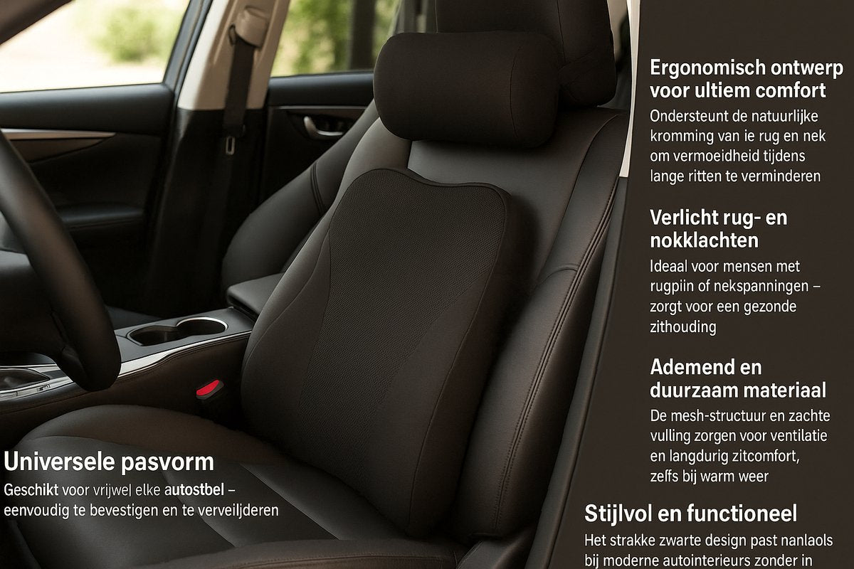 Rugkussen Auto - Inclusief Hoofdkussen - Zitkussen Onderrug - Autokussen - Autostoelkussen - Lendenondersteuning Kussen - Memory Foam Rugkussen - Met Verstelbare Band - Afneembare Hoes - Zwart