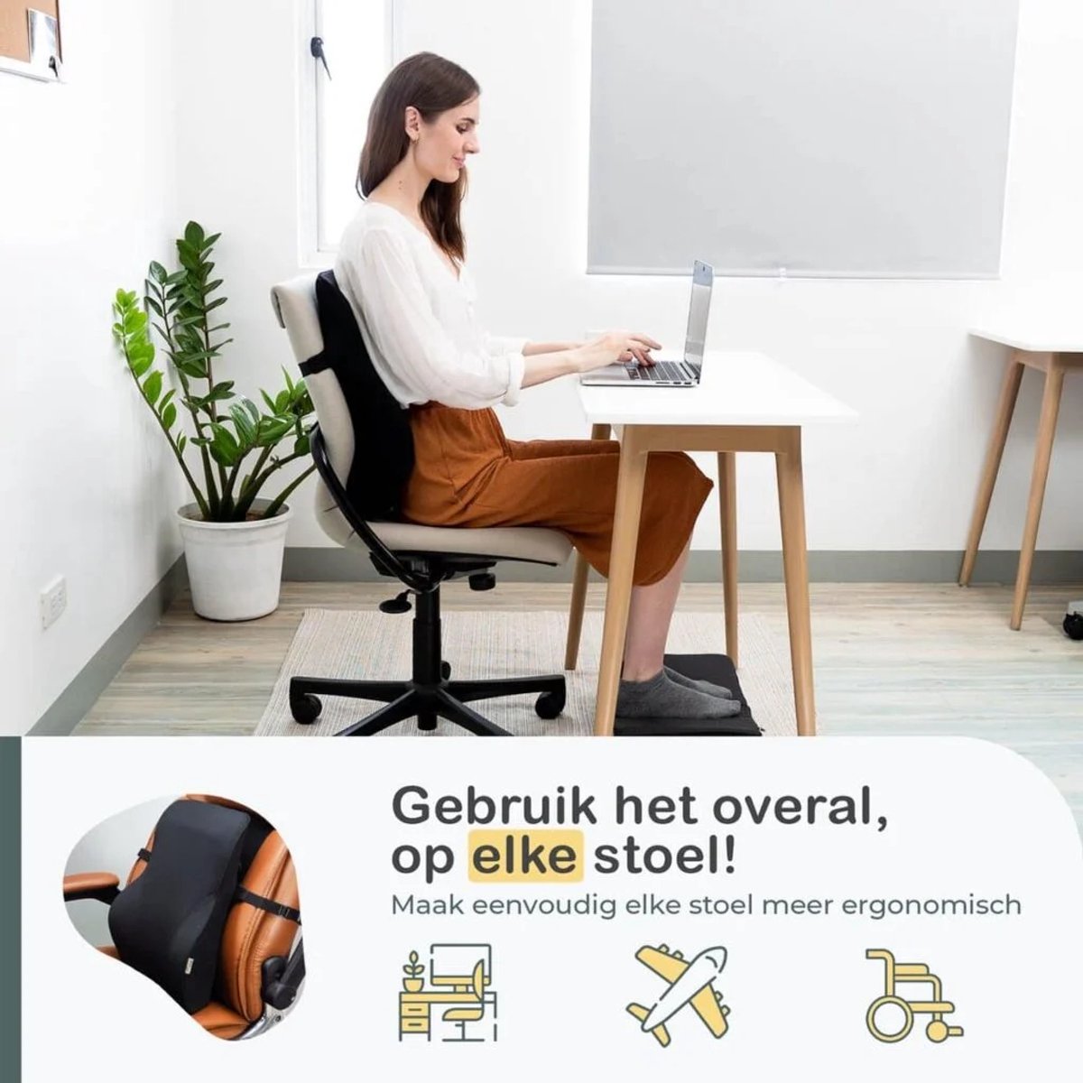 Rugkussen Auto - Inclusief Hoofdkussen - Zitkussen Onderrug - Autokussen - Autostoelkussen - Lendenondersteuning Kussen - Memory Foam Rugkussen - Met Verstelbare Band - Afneembare Hoes - Zwart