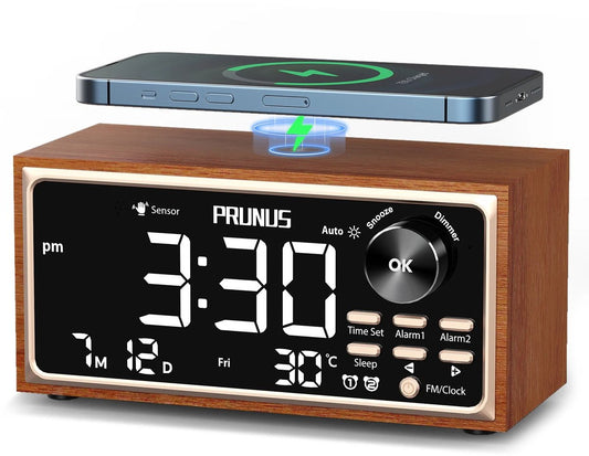 Retro Vintage Dubbele Wekkerradio - FM - 15W Snel Draadloos Opladen - LED-display - Dimmerbediening - Automatisch Dimmen - Retro Klok - Slaapkamer