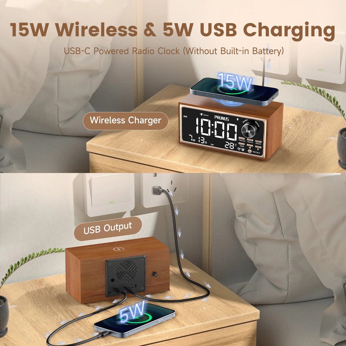 Retro Vintage Dubbele Wekkerradio - FM - 15W Snel Draadloos Opladen - LED-display - Dimmerbediening - Automatisch Dimmen - Retro Klok - Slaapkamer