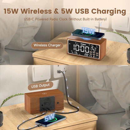 Retro Vintage Dubbele Wekkerradio - FM - 15W Snel Draadloos Opladen - LED-display - Dimmerbediening - Automatisch Dimmen - Retro Klok - Slaapkamer